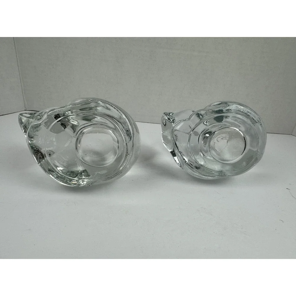 Vintage Indiana Glass Clear Sleeping Cat Votive Tea Light Candle Holders Set 2